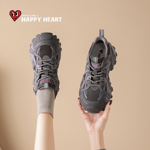 查尔斯桃心女老爹鞋冬黑色2025秋冬新款网面厚底加绒运动鞋女鞋子