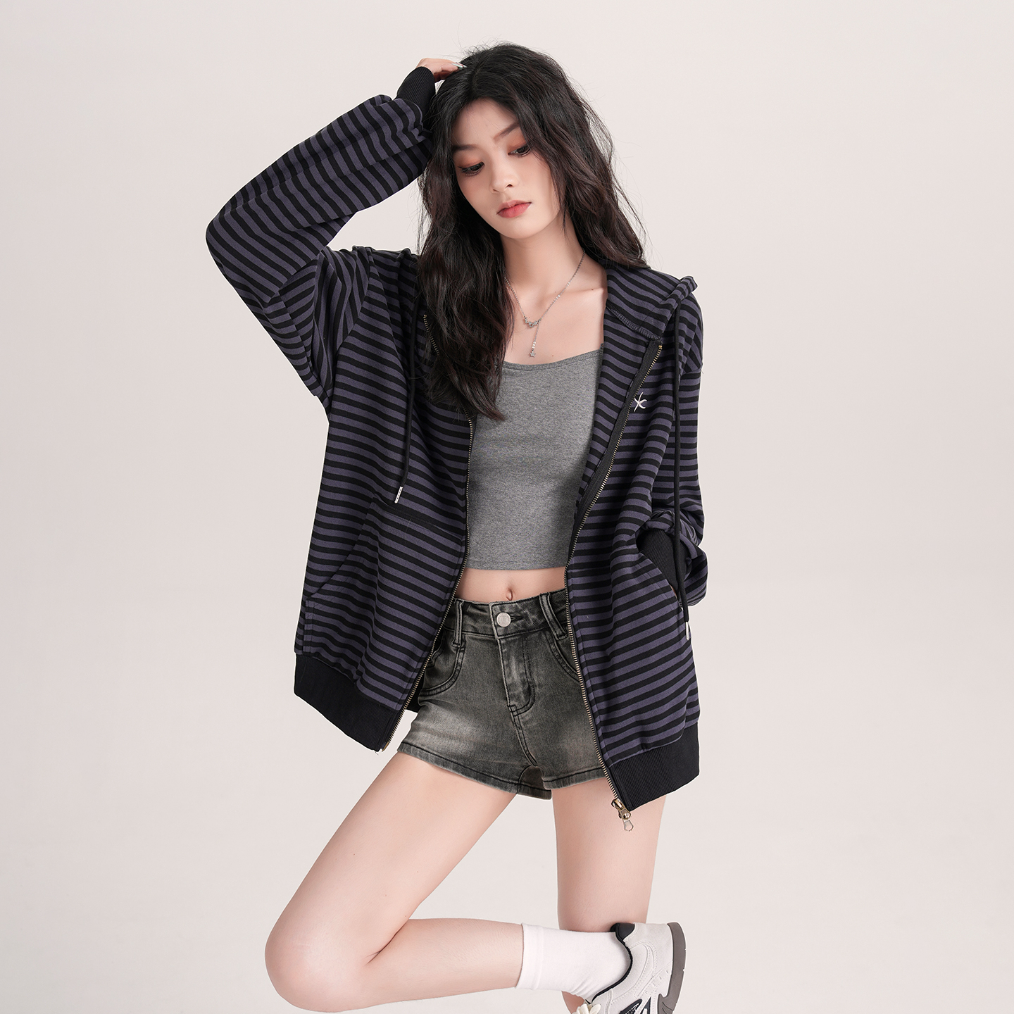 条纹连帽卫衣外套女长袖帽衫上衣