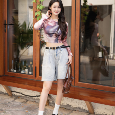 落肩长袖修身欧美短款印花钓系女装上衣top
