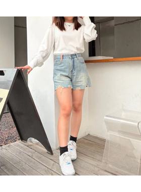 YIXING春季新款时尚百搭圆领宽松纯色垂坠罗纹拼接长袖T恤女