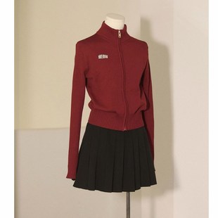 圣诞红色半高领拉链毛衣开衫女款2024新款秋冬季修身短款针织外套