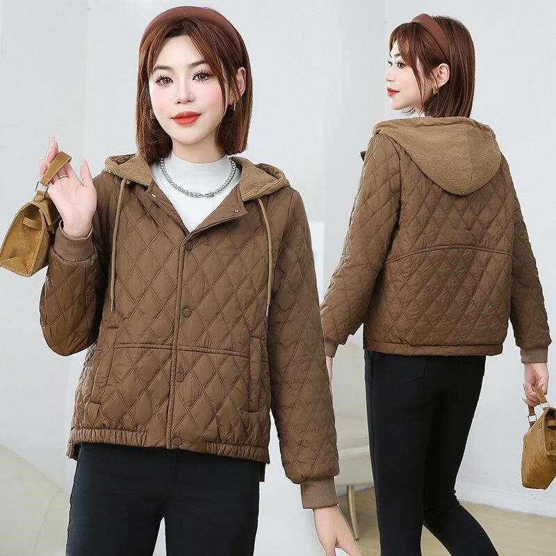 秋冬新款2024洋气百搭菱形格羽绒棉服女士棉衣外套轻薄连帽小棉袄