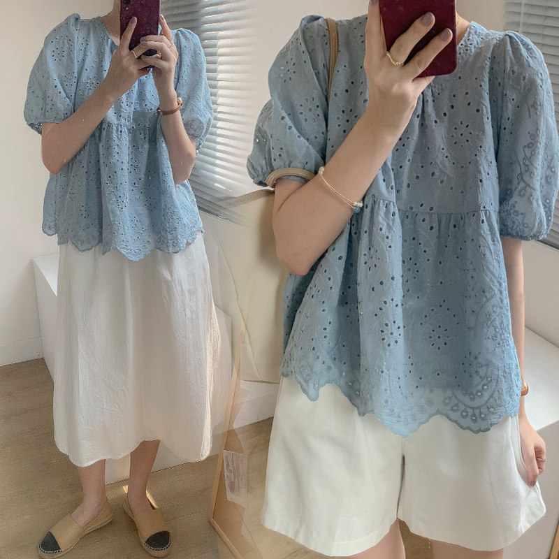 孕妇装夏季2022新款套装蕾丝镂空E衬衫韩版宽松上衣大码半身裙套