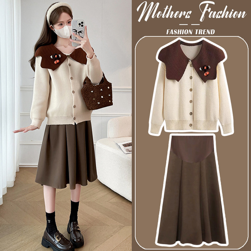 孕妇连衣裙套装秋冬针织长袖百搭毛衣外套半身裙202V4新款两件套