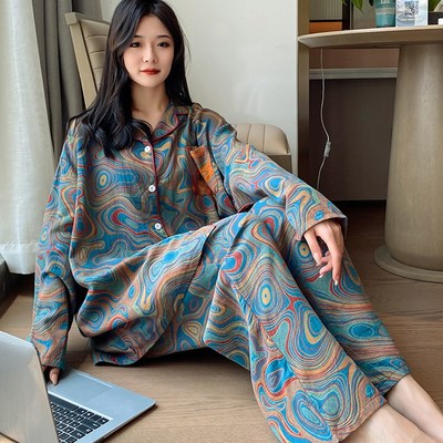 高级感个性纯棉纱加l大码睡衣女春秋季胖MM宽松长袖长裤棉麻家居