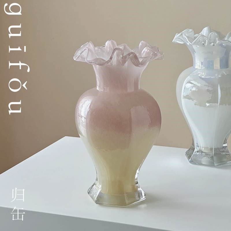 归缶珠光炫彩手工中古芬顿玻璃花瓶鱼尾花器轻奢家居摆件餐桌装饰