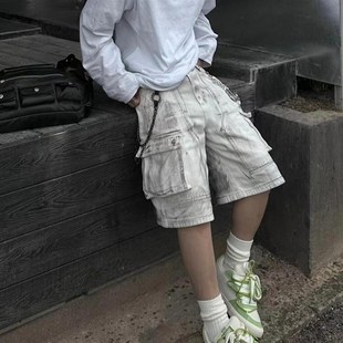 街头宽松直筒情侣短裤 美式 男女夏季 牛仔七分裤 潮 复古做旧脏脏工装