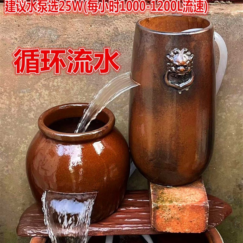 古法养鱼养花造景流水兽头t循环过滤搭瀑布节流水花盆复古柴烧手
