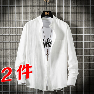 白色长袖亚麻衬衫男士春秋装薄款休闲寸衫青年翻领宽松棉麻料衬衣