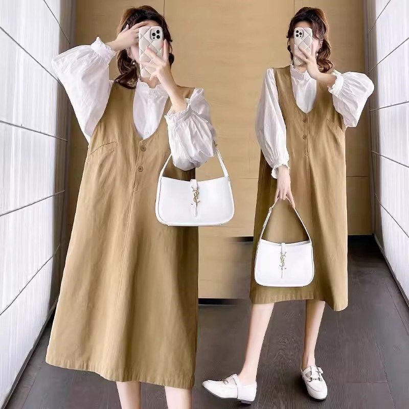 孕妇装春装套装2024新款春秋款大码白色衬衫+背带裙W两件套连衣裙