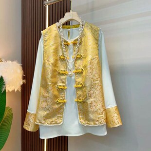 新中式大码女装2025春季新款国潮风盘扣亮钻宋锦马甲打底衫两件套