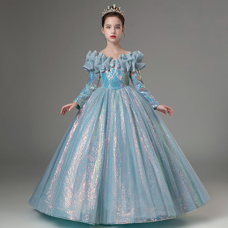 儿童礼服公主裙生日秋冬闪亮钢琴演出服走秀女童小主持人服装长袖