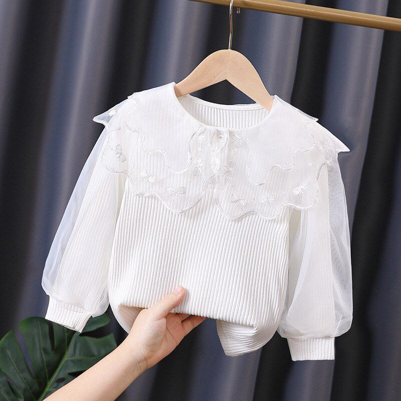女童蕾丝打底衫2024秋装新儿童纯棉长袖t恤款女宝坑条泡泡袖上衣6