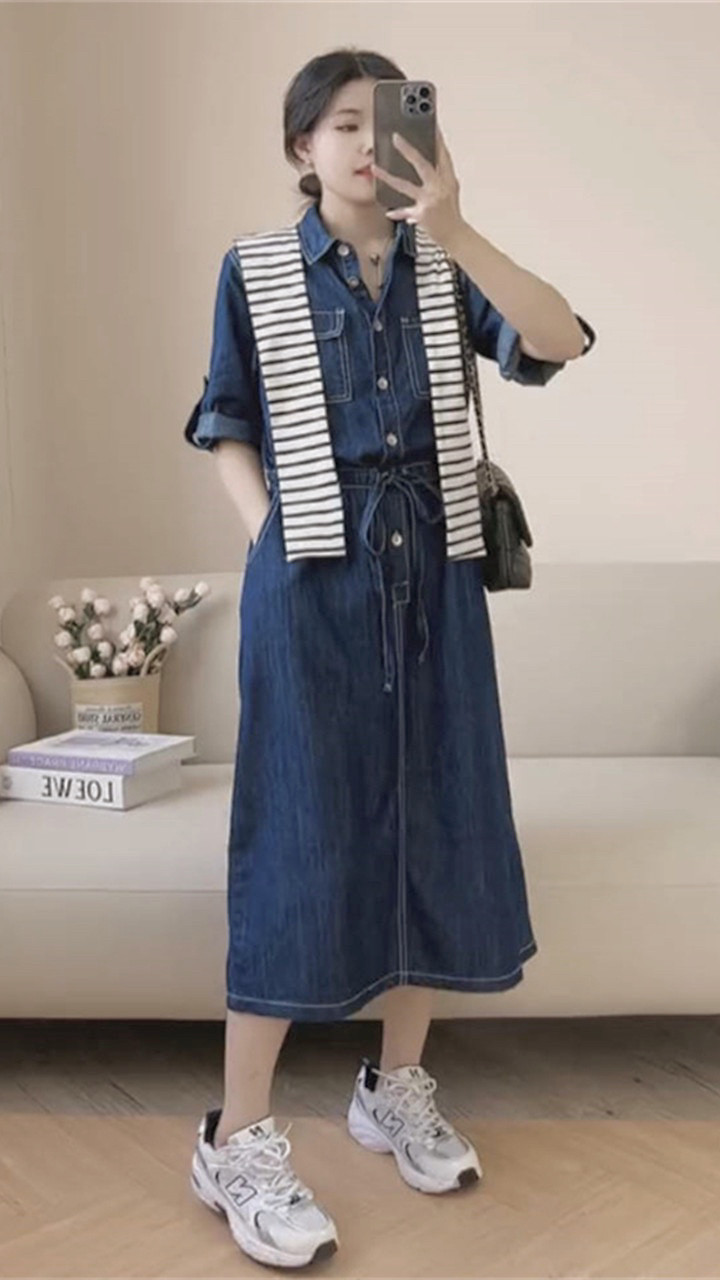 法式复古薄款牛仔连衣裙女短袖夏季薄款设计感小众收腰显瘦中长裙