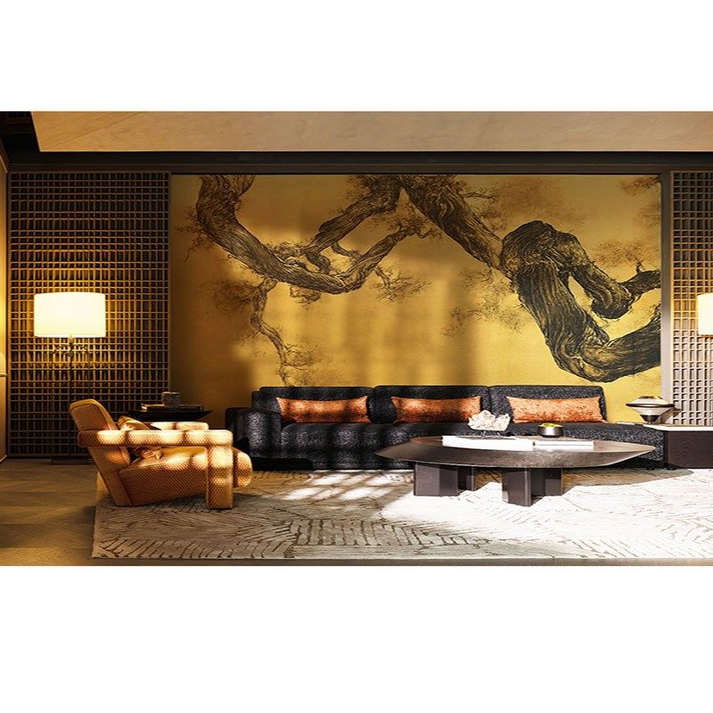 古树金箔壁纸中古风轻奢客厅餐厅墙纸中式电视背景墙定制墙布,家装主材,定制壁画,淘宝优惠券,粉丝福利购,淘宝优惠卷