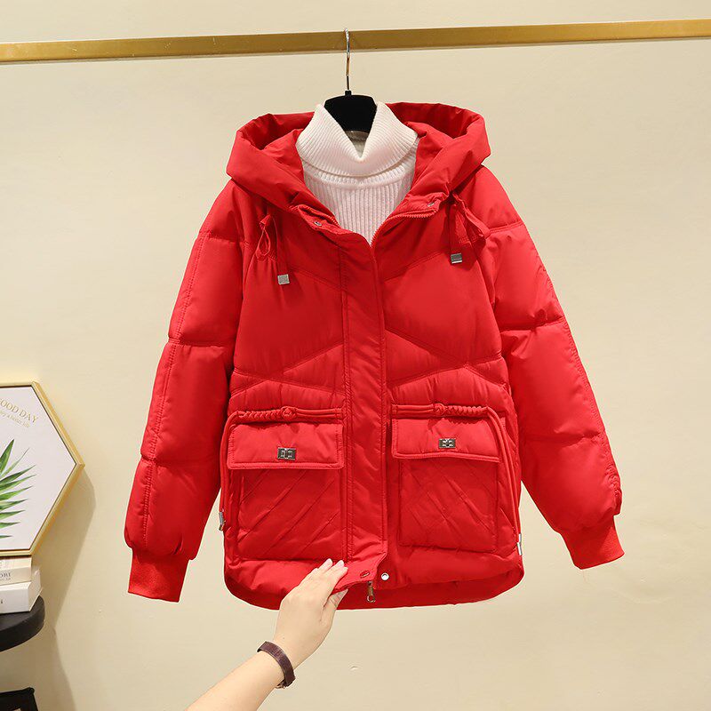 羽绒棉服女短款2024新款小个子棉袄红色宽松棉衣连帽加厚冬季外套