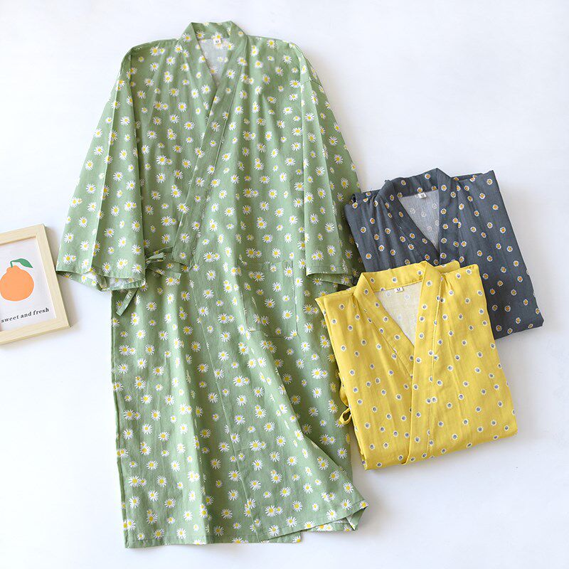 日式V领斜襟和服睡袍女春秋薄款纯棉纱布中长款系绳浴袍家居服夏