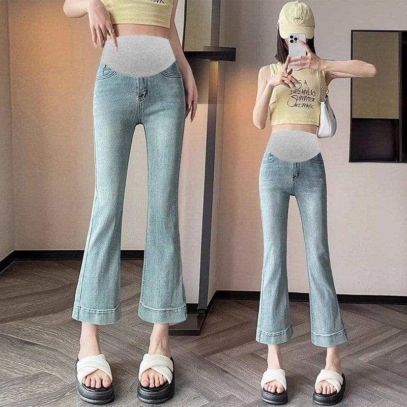 孕妇牛仔裤夏季薄款高弹力外穿喇叭裤小J个子打底裤九分裤夏休闲