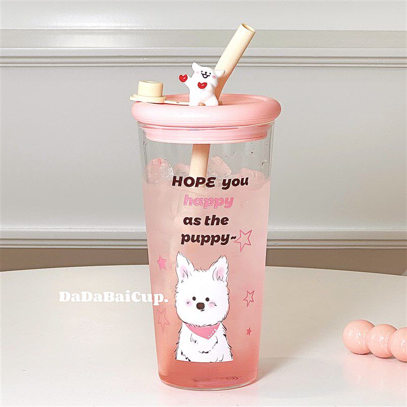 高硼硅玻璃杯女生高颜值办公室大容量吸管杯子夏日果汁带盖水杯