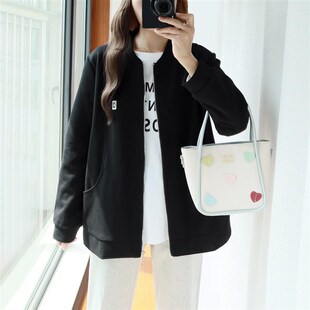 大码棒球服外套女胖mm春秋正肩藏肉字母贴标宽松休闲运动开衫夹克