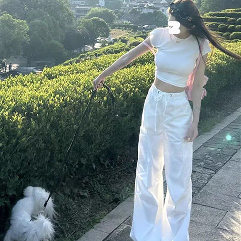 白色降落伞工装裤女2025新款春夏款美式宽松小个子直筒冲锋阔腿裤