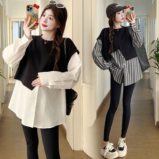 大码孕妇春装套装2024新款上衣设计感中长款假两件衬W衫宽松200斤