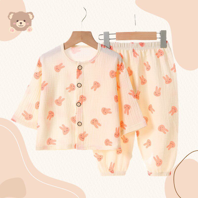 婴儿宽松睡衣夏季薄款0一3岁宝宝儿童男女5长袖分体套装7纯棉纱布