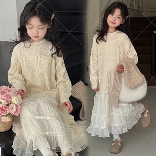 女童毛衣拼接雪纺连衣裙2024秋冬新款儿童针织内搭洋气公主裙子