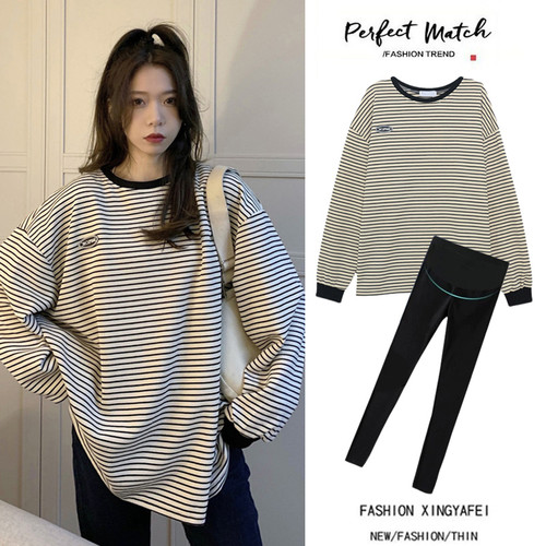 大尺码孕妇装秋装套装时尚宽松长袖条纹休闲上衣女纯棉上衣中长版