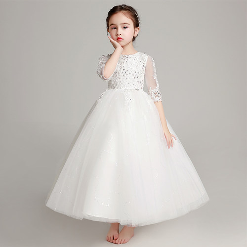 儿童礼服公主裙蓬蓬纱花童小主持人钢琴演出服晚礼服女童白色婚纱
