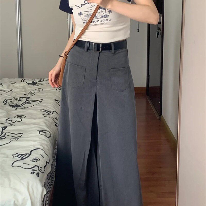 灰色休闲美式西装裙裤女春季设计感高腰大码胖妹妹宽松垂感阔腿裤