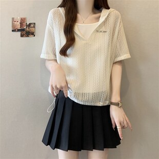 MM谢谢家大码胖mm2025年镂空防晒连帽设计感吊带背心两件套上衣夏