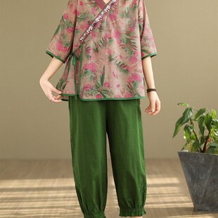 棉麻休闲套装女中年妈妈时尚洋气2025夏装新款高端亚麻上衣两件套