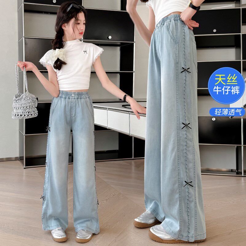 女童裤子夏装2025新款女大童洋气阔腿裤儿童初中生儿童刺绣牛仔裤