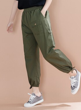 军绿色裤子女2024新款工装裤春秋小个子束脚休闲收腿大码女裤秋冬