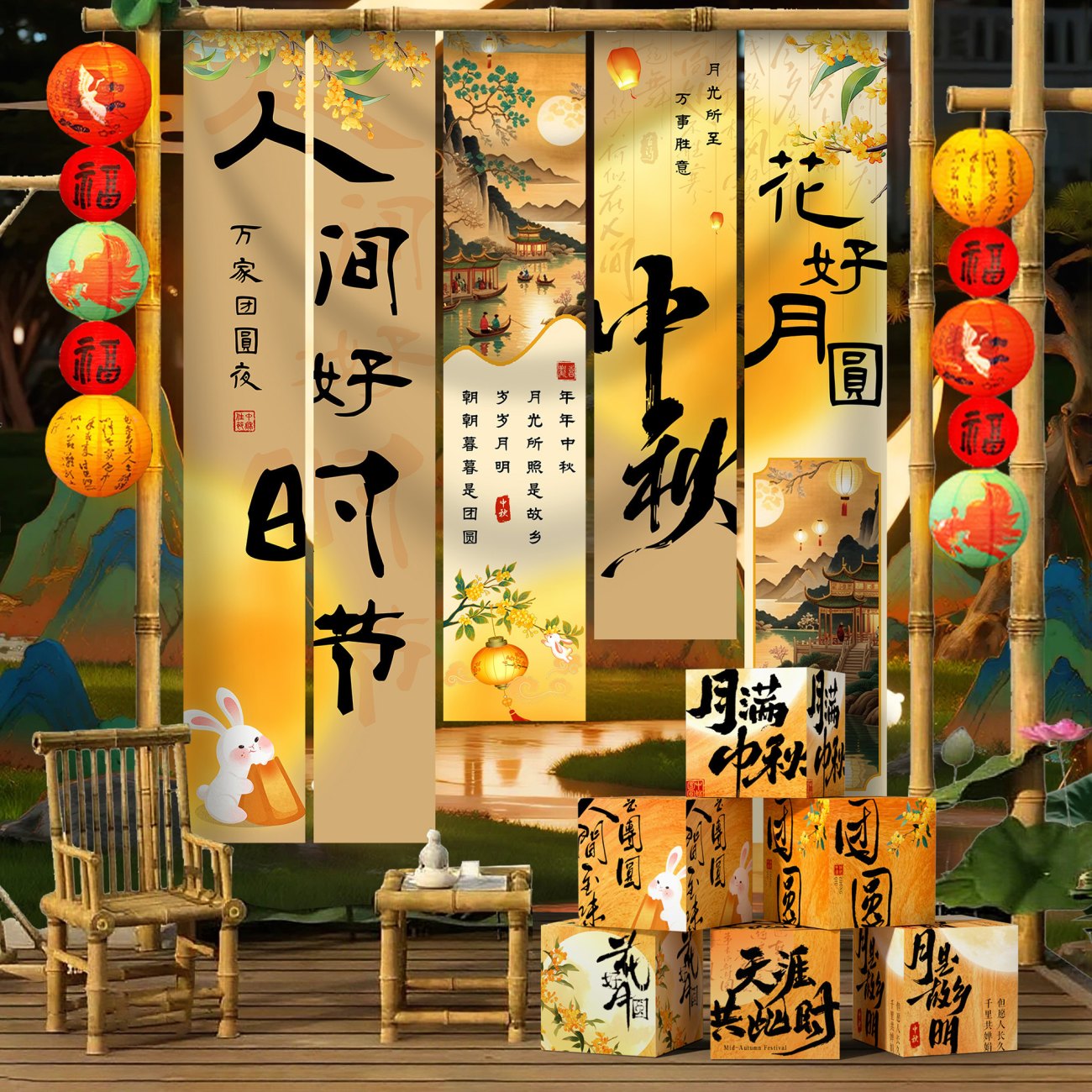 中秋节条幅挂布氛围布置商场店铺