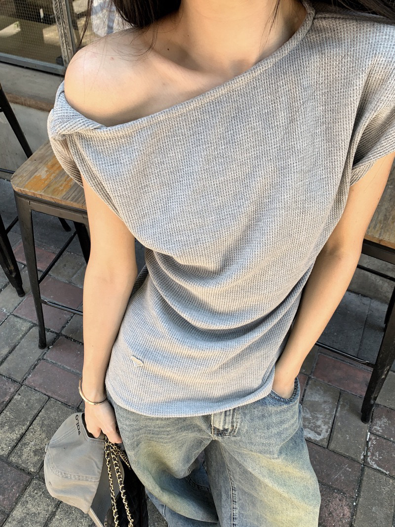 华夫格斜肩短袖修身T恤女2025夏季休闲显瘦气质不规则百搭上衣潮