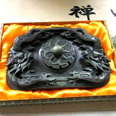 玉黛石易水砚g二龙戏珠砚扣盖砚纯手工雕刻天然原石砚台送礼自用