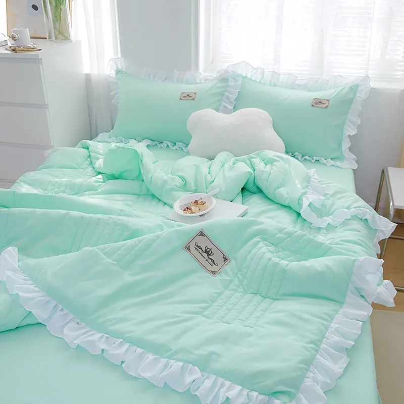 O13韩版凉被花边水洗棉夏被空调薄被三件套四件套单双人可机洗