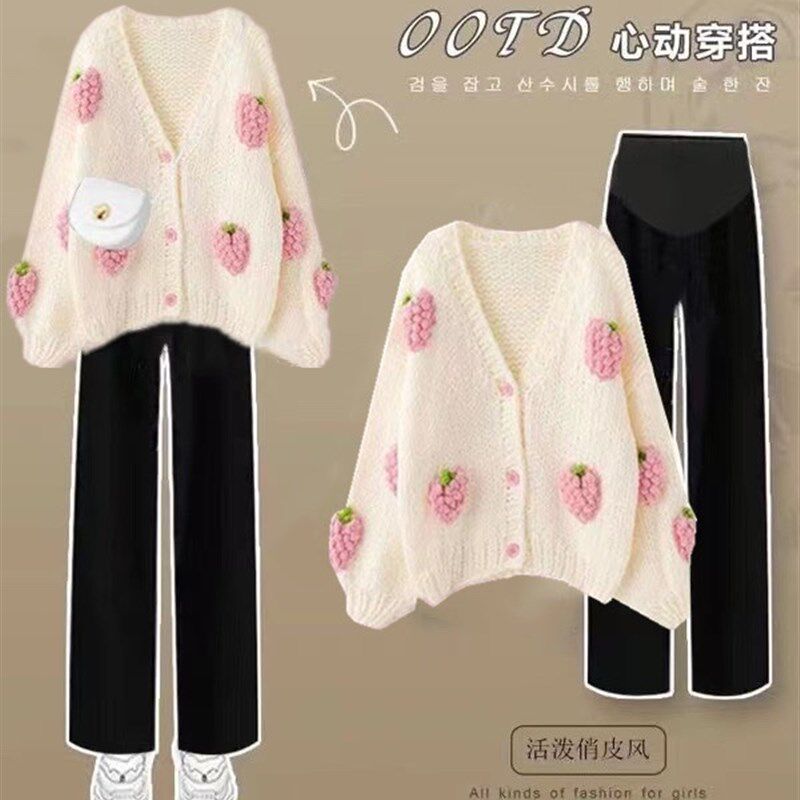 孕妇装2024春秋款o新款套装孕妇春装圆领长袖开衫毛衣托腹裤两件