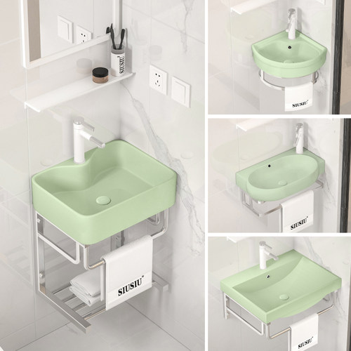 浅绿色洗漱盆陶瓷三m角盆洗手盆挂墙式简易洗脸盆小户型化妆室阳