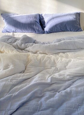 蓝色渐变a全棉四件套双层纱皱皱纱布裸睡2024新款纯棉床单被套床