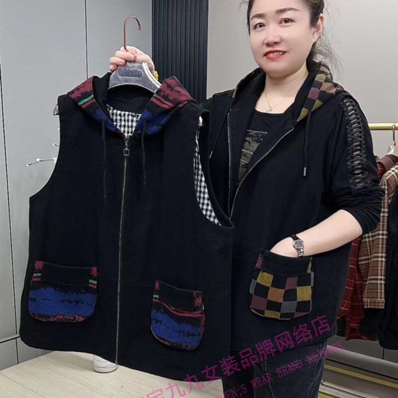 重工水洗牛仔马甲女士春季连x帽双兜大码宽松百搭显瘦拉链开衫马