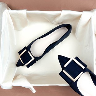 法式气质黑色平底单鞋女一脚蹬2025秋冬季新款尖S头绒面浅口高跟