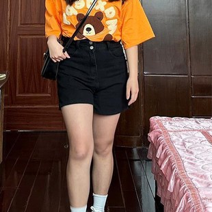 特大码 胖mm遮胯显瘦黑色牛仔短A裤 女高腰学生梨形身材宽松a字热裤