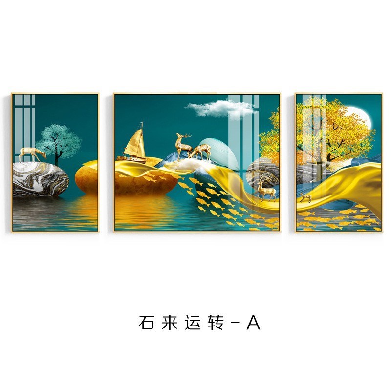 客厅装饰画沙发背景墙挂画新中式三联晶瓷画卧室床头X墙画现代简图片