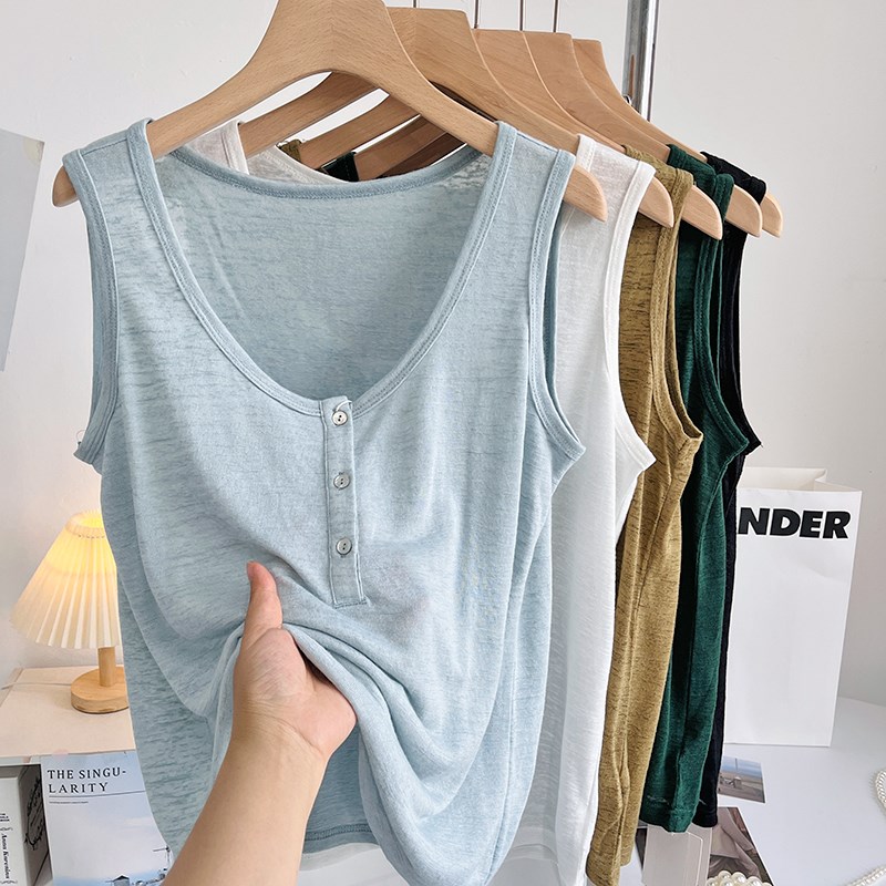 日系文艺风背心女夏季竹节棉U领半开扣微透背心薄款宽松内搭吊带