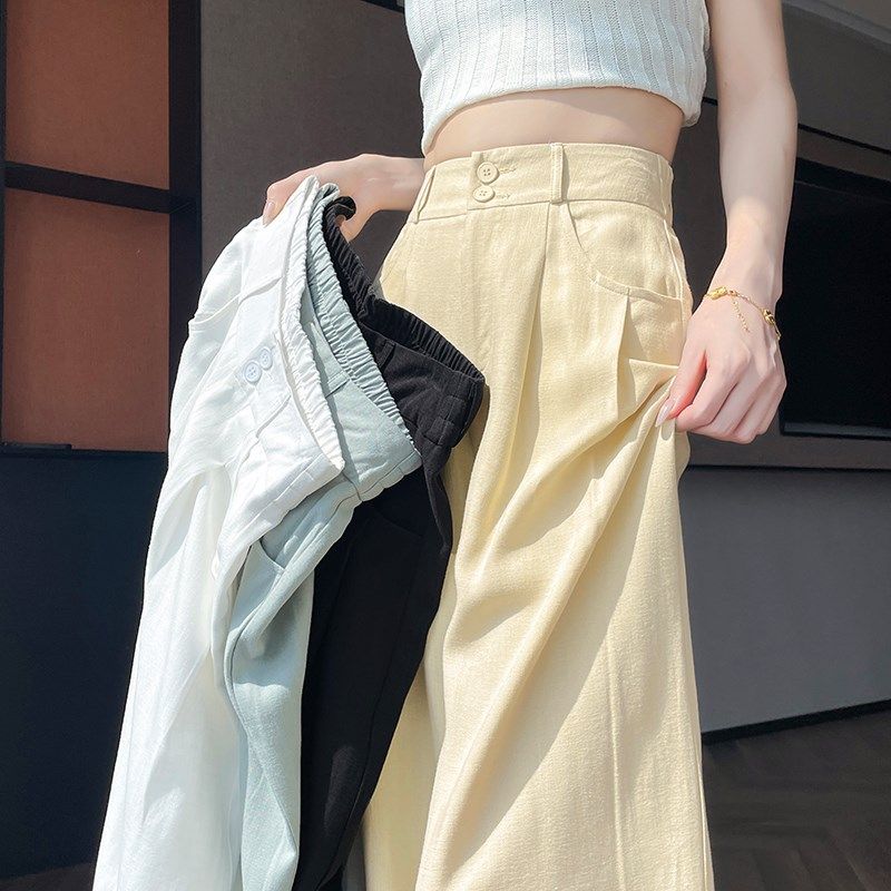 人字纹冰丝阔腿裤女夏季薄款高个子加长版垂感防晒棉麻西装直筒裤