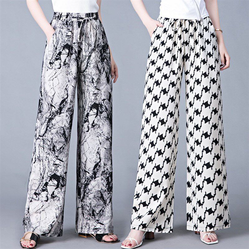 夏季水墨花女士轻薄款速干显瘦直筒阔腿裤夏天垂感冰丝雪纺花裤子