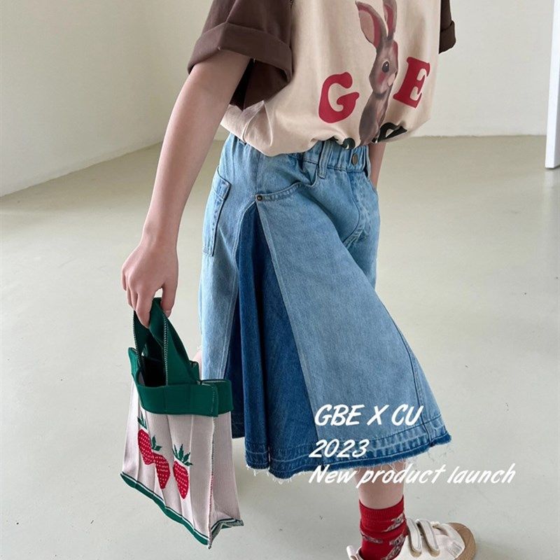 女童半身裙2024春夏新款薄款拼色牛仔伞裙韩版个性软牛仔潮流款
